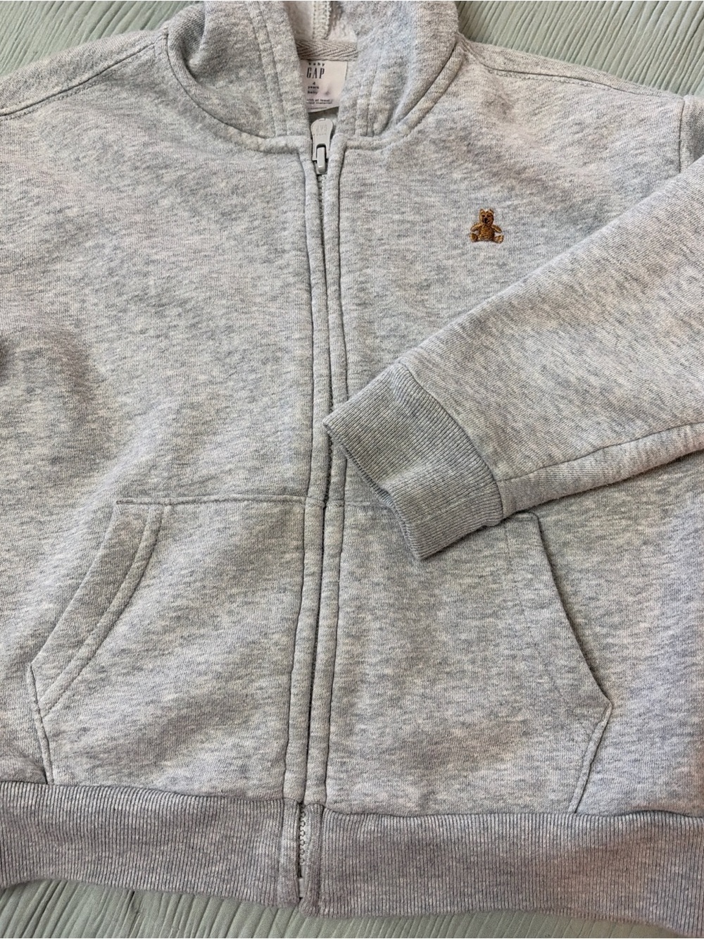 GAP Light Gray Kids Zip-Up Hoodie with Brown Bear Detail
